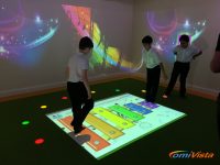 children stepping on omi's floor xylophone projection