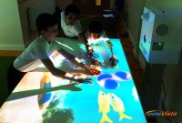 children playing with omi's projected water scene